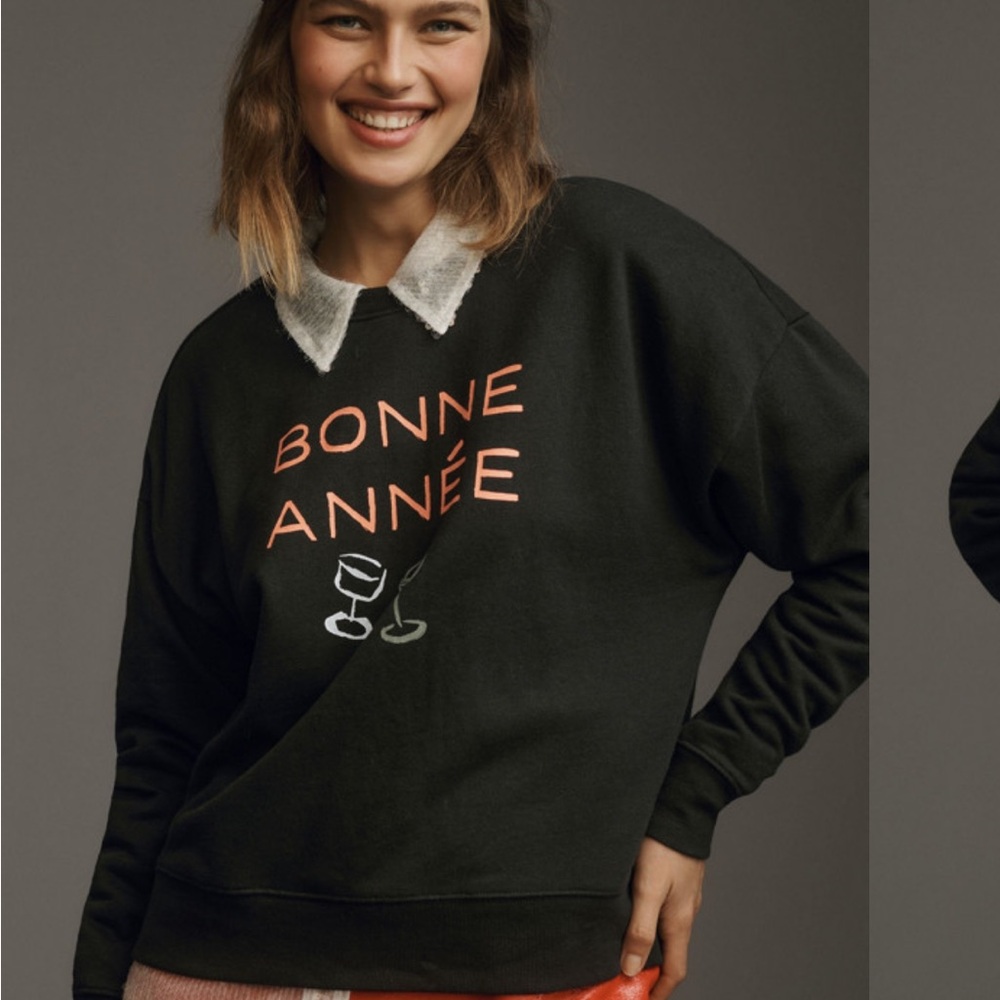 Anthropologie Maeve french Black Sweatshirt wide arm Phthalo Ruth bonne anné L